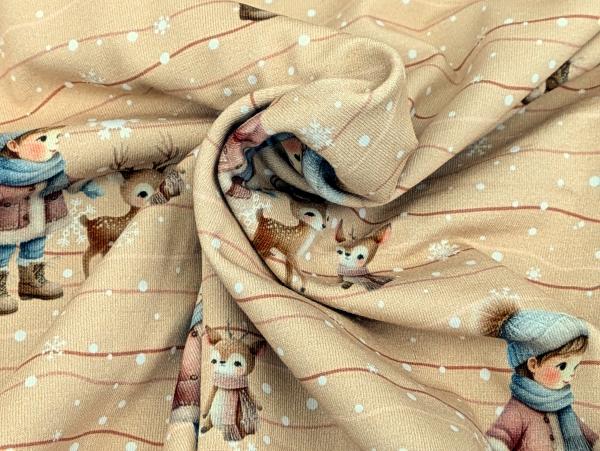 Eigenproduktion Baumwolljersey Winter Kind mit Rehkitzen auf Braunbeige